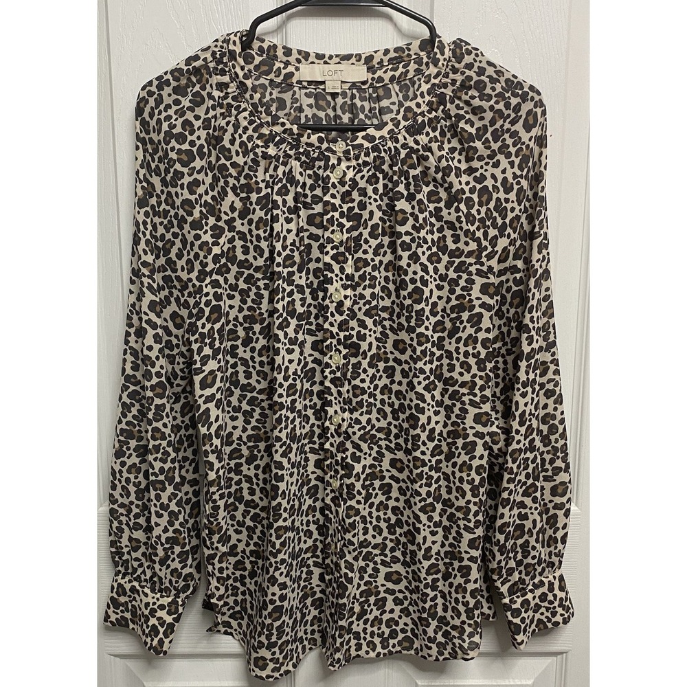 LOFT Women Button Down Blouse Long Sleeve Animal Print Brown Black Leopard Top S